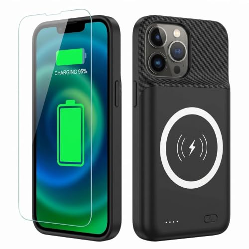 YISHDA 10000mAh Battery Case for iPhone 15 Pro Max, Black, with Tempered Glass Screen Protector, Wireless Charging Compatible, Portable Charger Cover