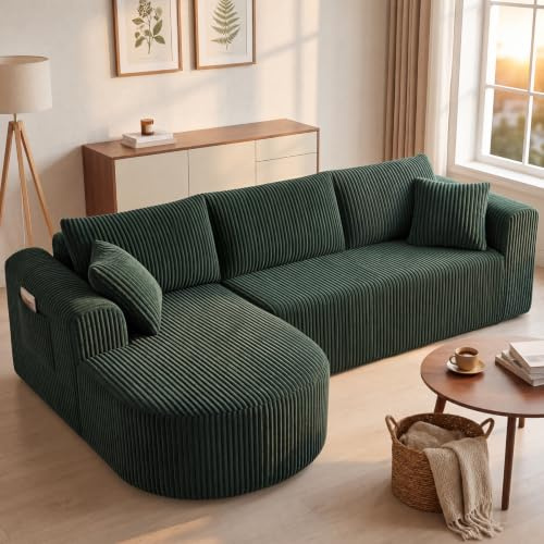 COMHOMA Ecksofa mit Schlaffunktion, 243cm Corduroy Modulares Boneless Couch mit Chaiselongue, L-Form Schlafsofa, Sektionssofas mit Kissen & Seitentaschen,Sofa für Wohnzimmer, Keine Montage, Grün