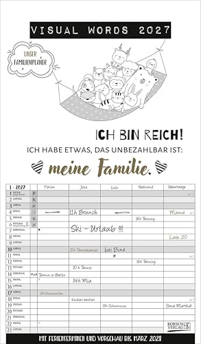 Visual Words Familienplaner 2027: Familientimer mit 5 breiten Spalten. Typo-Art Familienkalender mit Ferienterminen, Zusatzspalte, Vorschau bis März 2027 und vielem mehr.