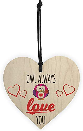 Red Ocean Owl Always Love You Novelty Wooden Hanging Heart Plaque Friendship Gift Sign