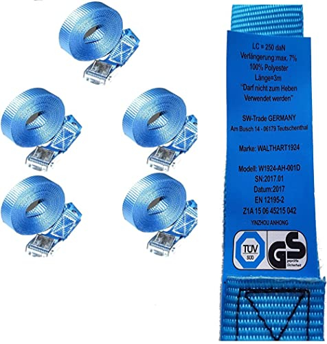 5 Stück 3 Meter Spanngurte Zurrgurte 2,5cm Breit SCHWARZ mit Klemmschloss Schnellspannung 250Kg daN Gurte (3X)