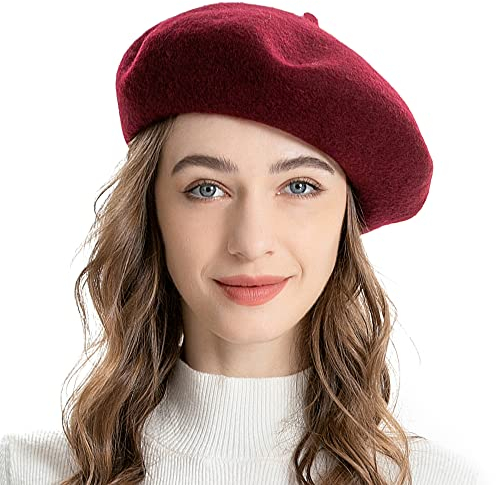 ZLYC Femmes Classique Francais Laine Chapeau de Béret(Vin Rouge),Taille Unique