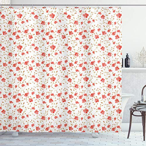 ABAKUHAUS Blume Duschvorhang, Peony Blumen-Blüte, Stoffliches Gewebe Badezimmerdekorationsset mit Haken, 175 x 200 cm, Dunkler Coral Weiß