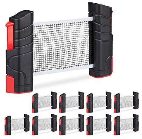 Relaxdays 10 x ausziehbares Tischtennisnetz, bis 176 cm Netzbreite, mit Klemmhalterung, für Tische bis 5cm Dicke, schwarz/rot