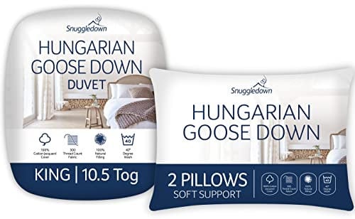 Snuggledown Hungarian Goose Down King Size Duvet - 10.5 Tog All Year Round Premium Quilt Ideal for Summer & Winter, 2 Soft Pillows - Jacquard Cotton Cover, Machine Washable, Size (225cm x 220cm)