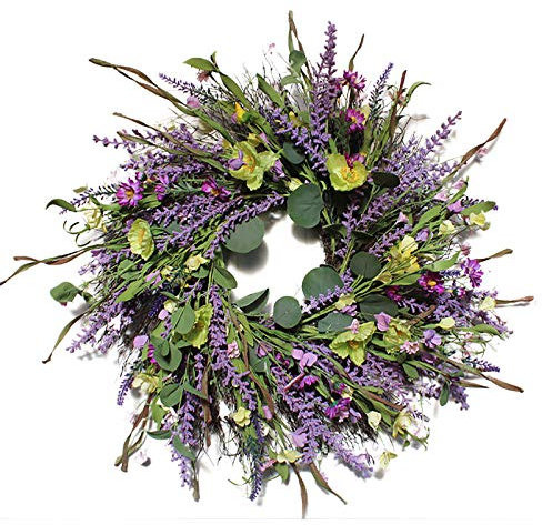 SJDWDX Artificial Lavender Wreath, Purple Florets, Daisy, Lavender, Green Leaves Spring Wildflower Wreath for Front Door, Wedding, Home Decor
