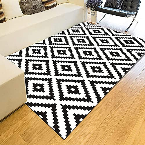 ISAKEN Home Teppich Wohnzimmer Modernes Design Kurzflor Teppich Schwarz Weiß Bodenmatte Geometrisch Rauten Marokkanisch Muster Balkon Terrasse Teppich Indoor&Outdoor Teppich, Grösse: 50cm×80cm