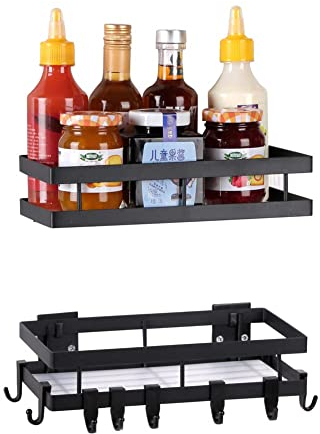 YunNasi Gewürzregal Ohne Bohren Küchenregal Schwarz Metall 2 Etagen mit 8 Abnehmbaren Haken Wandregal Regal zum Kleben Morden Design für Küche Badezimmer Balkon (Schwarz, 25cm)