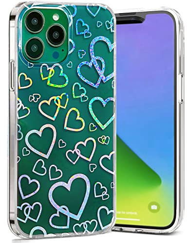 Efitoo Compatible with iPhone 13 Pro Max Case Glitter Clear with Design Laser Holographic Rainbow 3D Heart Love Sparkle Cute Bling Hard PC & TPU Shockproof Protective Women Girls Phone Cover