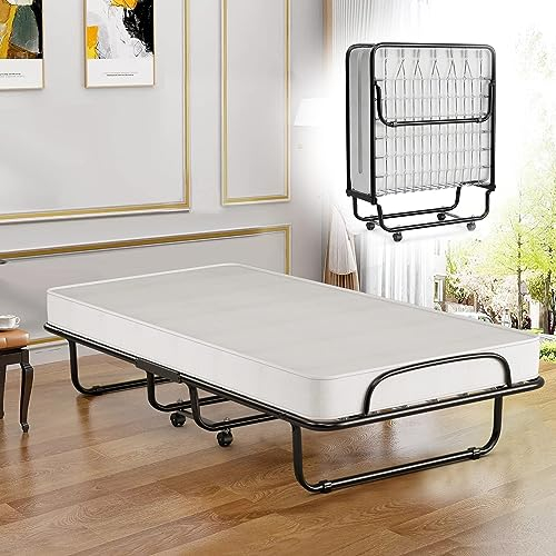 COSTWAY Klappbett für Einzelbett, Erwachsene, 80 x 190 cm, mit orthopädischer Matratze aus Memory-Schaum 10 cm, Traglast 120 kg, klappbares Gästebett mit 4 Rollen und Metallrost für Gäste, Weiß