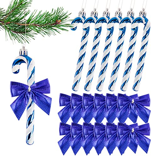 18pcs Christmas Decorations Candy Canes Navy Blue White and Small Bows for Christmas Tree Decorations Hanging Ornaments (Blue)