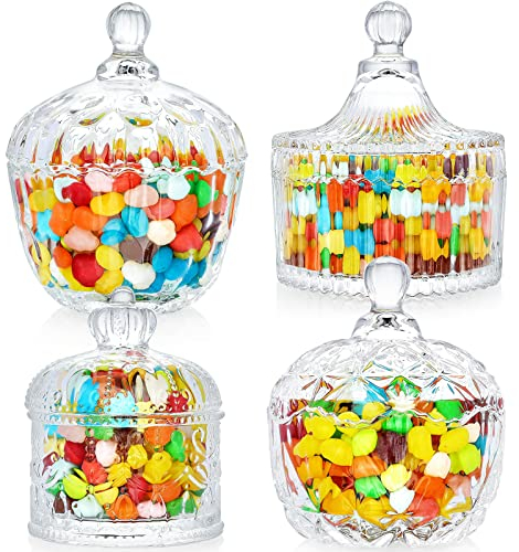 INFTYLE Süßigkeitenschalen aus Glas mit Deckel, 4 Stück, Kristallglas, Süßigkeitengläser, Schmuckkästchen, Dappen, Keksdose für dekorative Aufbewahrung, Geschenkidee (4 Stück, transparent)