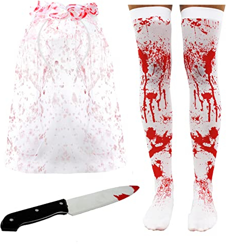 Calze macchiate di sangue con velo insanguinato e coltello insanguinato – perfette per accessori per costumi di Halloween