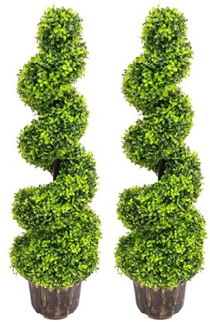 BTGGG Pair of Artificial Plants Outdoor Boxwood Topiary Spiral Tree 3ft/90cm Artificial Tree Outdoor for Front Entrance Way, Porch, Foyer Decoration