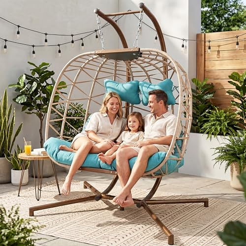 RADIATA Übergroßer Eierschaukel für 2 Personen, doppelter Hängesessel mit Ständer, extra großer Rattan, Terrasse, Zwillinge, Eierkorb, Stuhl für zwei Personen, 230 kg, Kapazität für Schlafzimmer,