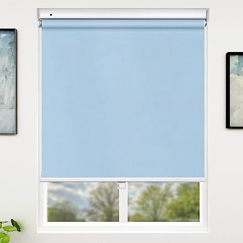 DZHTUF Verdunkelungsrollo für Innenräume,Einziehbar Sonnenschutzrollo,Schnurlose Rollos für Fenster,60/80/90/120cm,hellblaue wasserdichte Gardinen,Stoff Gardinen,W×H-70×120cm/28 * 47in