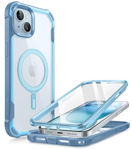 i-Blason AresMag for iPhone 15 Plus Case [6.7 inch], [MagSafe Compatible] Full-Body Dual Layer Anti-Slip Shockproof Rugged Clear Bumper Case with Built-in Screen Protector (Blue)