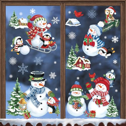 decalmile Weihnachten Fensteraufkleber Schneemann Pinguin Fenster Abziehbilder Weihnachten Schneeflocke Winter Baum Anti-Kollision Fensterfolie Statische Aufkleber Weihnachts Dekoration Mehrweg
