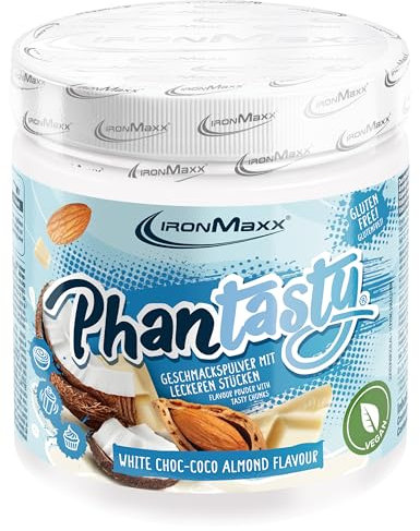 IronMaxx Phantasty - White Choc Coco Almond 250g Dose | Veganes Geschmackspulver mit Echten Frucht- oder Nussstückchen | Perfekter Zuckerersatz