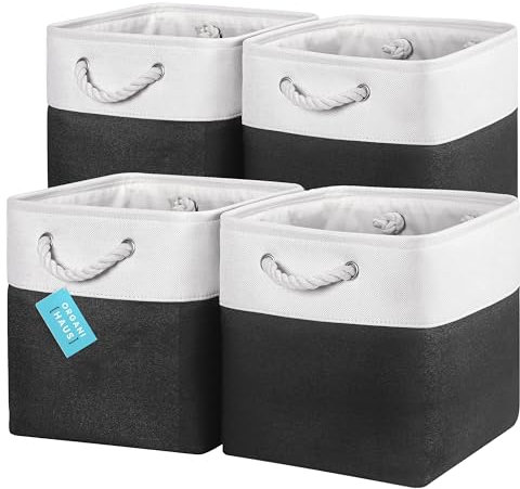 OrganiHaus 30x30 Cube Storage Bins Set of 4, Fabric Cube Baskets for Storage Shelves, Foldable Storage Cubes for Kallax Organizer Cube Bins w Rope Handles, Cubby Bins for Nursery Decor -Black/White
