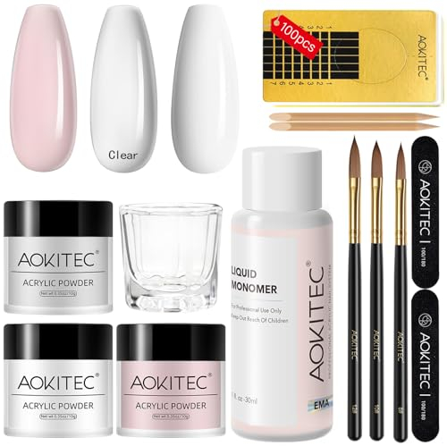 AOKITEC Kit d'ongles en acrylique – Ensemble de poudre et liquide acrylique rose/transparent/blanc avec brosse à ongles pour ongles en acrylique longue durée Kit d'ongles adapté aux débutants