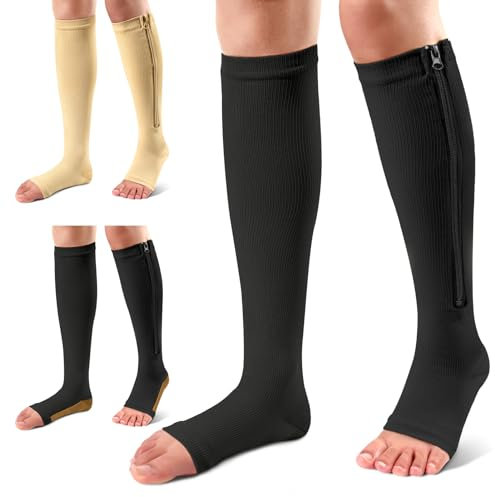 Ailaka 3 Paar Kompressionssocken mit Reißverschluss, 15-20 mmHg Kniestrümpfe für Damen und Herren, Offene Zehen-Design, Atmungsaktiv und Stützend