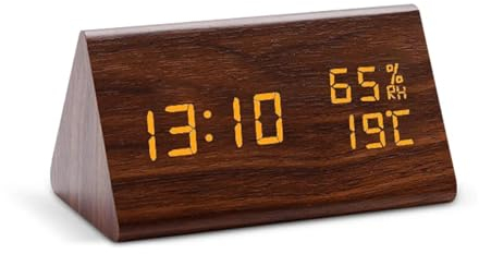 ThreeH Digitaler Wecker aus Holz 3 Alarmeinstellungen Luftfeuchtigkeit Temperatur LED-Zeitanzeige 3 Stufen Dimmer Klangsteuerung Braun_Weiß