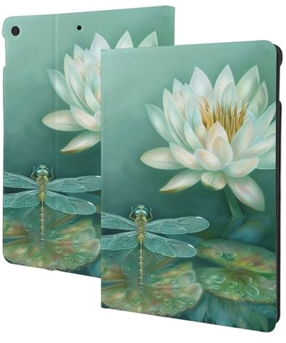 Dragonfly with Water Lily Printed Tablet Case for Ipad 7th Generation 10.2, Pu Leather Non-Slip Tablet Cases Shockproof Stand Cover with Auto Sleep/Wake Cover