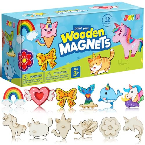 JOYIN 12PCS Wooden Magnets,Arts and Crafts for Kids Age 3+ Years Old,Painting Kit,Fridge Magnets Craft Kits for Boys Girls,Creative Gifts for Birthday,Easter Crafts,Wooden Crafts for Children(Fantasy)