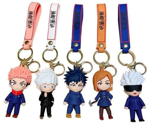Anjinguang Anime JJK Schlüsselanhänger Gojo Satoru Figur Itadori Yuji Schlüsselanhänger Fushiguro Megumi Actionfiguren-Set Panda Statue Cartoon Rucksack Anhänger Hängende Schlüssel Geldbörse Charms,