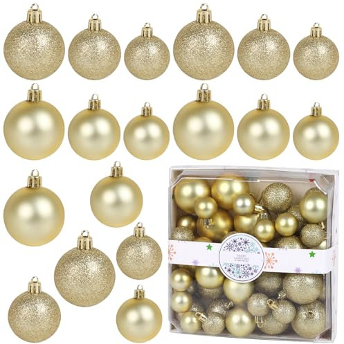 DERAYEE Weihnachtskugeln,44 Stück 3cm/4cm/5cm Weihnachtsbaumkugeln Glitter Weihnachtskugeln für Weihnachtsbaum Dekoration,Weihnachtsbaumschmuck(Gold)