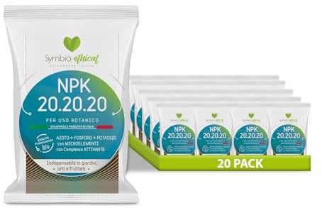 SYMBIOETHICAL - NPK 20-20-20 Fertilizzante Universale con Azoto, Forforo, Potassio e Microelementi, Completo Attivante, Made in Italy, 1kg x 20pz