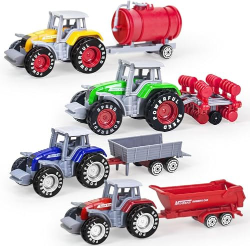 Tcvents 4 Pack Bauernhof Traktor Spielzeug mit Anhänger, Metall-Legierung Kinder Traktor Spielzeug für Jungen abnehmbare Die-Cast Bauernhof und LKW für Kinder 3 4 5 6 7 8 Geburtstag