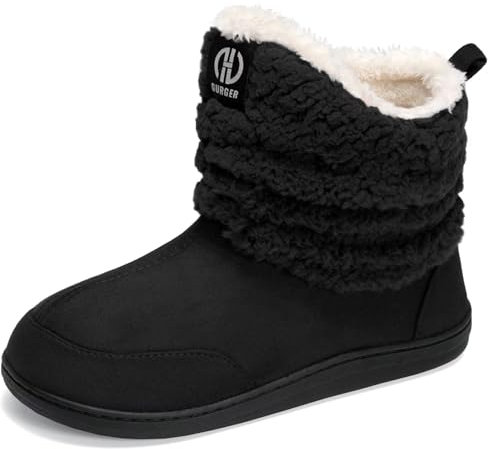 JEBUKTXE Hausstiefel Herren Warm Plüsch Gefüttert Hausschuhe Damen Winter Fell Hüttenschuhe Geschlossen Rutschfest Hüttenstiefel Pantoffeln Schwarz Größe 44 45
