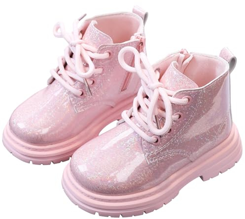 SEAUR Bambina Stivali Corti Antiscivolo Stivali Autunnali con Lacci Ragazzi Ragazze Stivali Lucidi Scarpe Glitterate in Pelle Suola Morbida Rosa 23 EU