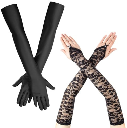 Celiodd 2 Paar Lange Handschuhe Damen Lange Schwarze Handschuhe Lang Schwarz Lace Fingerless Gloves,Für Halloween Karneval Party Ball Opera Abschlussfeiern