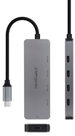 NANOCABLE 10.16.4505 - Hub USB-C Macho a 4 x USB-C Hembra + USB-C PD 100W, Aluminio 10 cm, Color Gris, USB 3.2 Gen 2x1, Compatible con Windows, MacOS y Linux