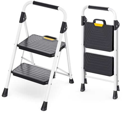 KINGRACK Sturdy Steel 2 Step Ladder, Folding Step Stool with Handrail, Anti-Slip Wide Pedals, Safe-Lock Design, Pass 800lbs Load Testing, Portable Ladder for Multi-Purpose in Home, Kitchen, White