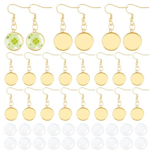 UNICRAFTALE 15 Pairs 18K Gold Plated Stainless Steel Blank Dome Dangle Earrings Flat Round Earring Bezel Tray Cabochon Setting with Ear Wire Hooks Bezel Trays Cabochons for Jewelry Making Tray 14mm