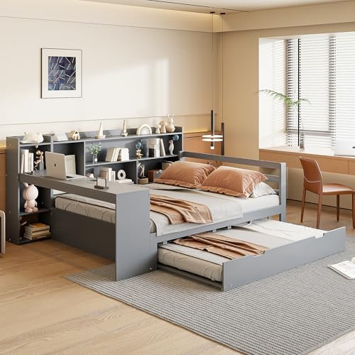 Tagesbett Schlafsofa 140x200, Holz Multifunktionsbett mit Ausziehbett 90x190 cm&USB-Steckdose&Schreibtisch& Bücherregalen&Ablagefächern&Regalen, Doppelbett Holzbett mit Lattenrost, Ohne Matratze, Grau