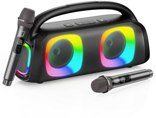 JYX Karaoke con 2 Microfonos, Bluetooth Cassa Karaoke Professionale Completo con Suono Stereo Potente, 2 Karaoke Microfoni Wireless 30M, TF/USB/AUX, RGB, Lunga Autonomia