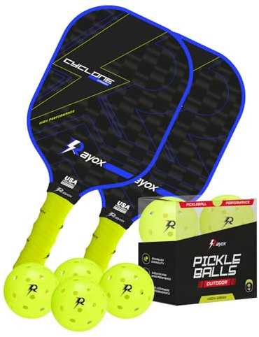 RAYOX Set de Pickleball Cyclone con 4 Pelotas, Fibra de Carbono, Agarre Ergonómico, Ligeras y Duraderas, Interior y Exterior, Principiantes y Profesionales (2 Cyclone Azul)