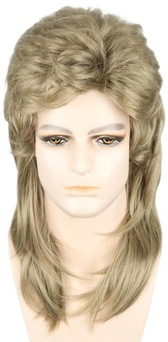 LeMarnia Men's Wigs 70s 80s Rock Wig Golden Brown Wavy Mullet Wigs for Men Halloween Costume Theme Party Wig