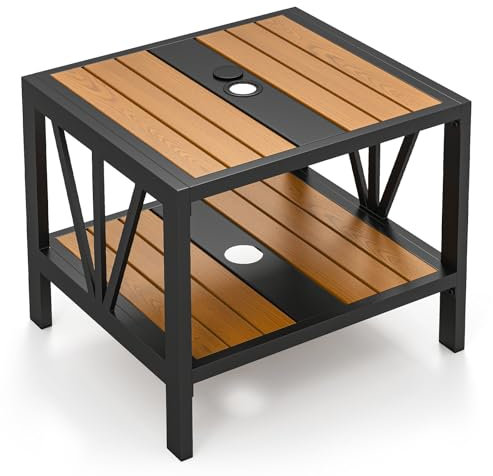 COSTWAY Pied de Parasol Table Base 2 en 1, Table d'Appoint Exterieur avec Trou 4 cm, Tables Basses de Jardin Métallique à 2 Niveaux, Étagère de Rangement, pour Balcon Jardin (52 x 46 x 45 cm)