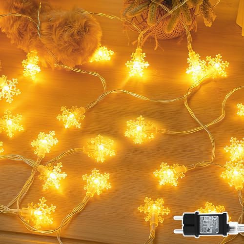 Dalugo Lichterkette Außen, 15M 100 LED Warmweiß Schneeflocke Lichterkette mit Timer, Wasserdicht Lichterketten Aussen für Weihnachtsdeko, Schlafzimmer,Balkon