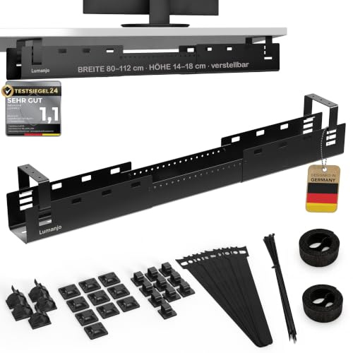 LUMANJO - Kabelkanal Schreibtisch ausziehbar 80-112cm - Kabelwanne Schwarz | 3-fach höhenverstellbarer Kabel Organizer. Pulverbeschichteter Stahl. Komplett-Set inkl. 50+ Zubehör, bis 14kg belastbar.