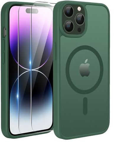 TQIAHF Magnetic Phone Case Cover for iPhone 14 Pro Max,Green | with 2 Tempered Glass Screen Protector Compatible with MagSafe Military Grade Shockproof Protective Slim Translucent Matte
