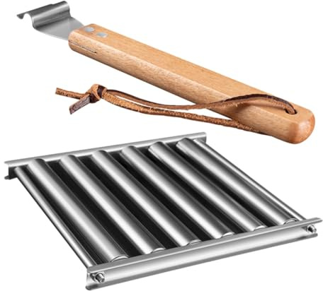 Veemoon Edelstahl Wurstrollenständer für Grill und Hot Dogs, Tragbar | Holzgriff, Silberne Ausführung, Stabile Bauweise, für Garten und Hof, Praktisch zum Sicheren Rollen