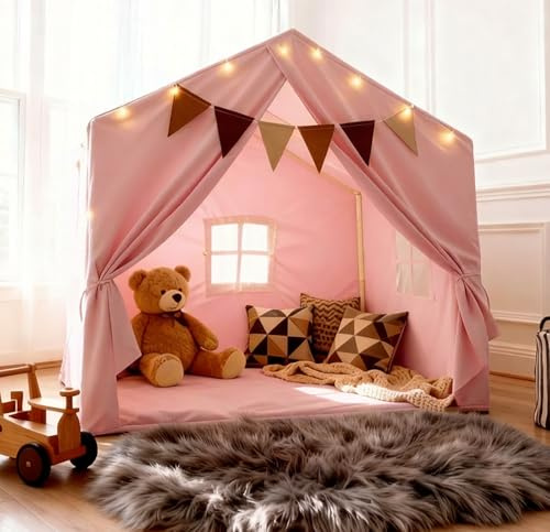 Kids Play Tent, Indoor Playhouse with Mat/Star Lights/Flag - Large 57x36x52 Play Tent for Kids, Reading Nook & Playroom Canopy for Boys and Girls (Pink)