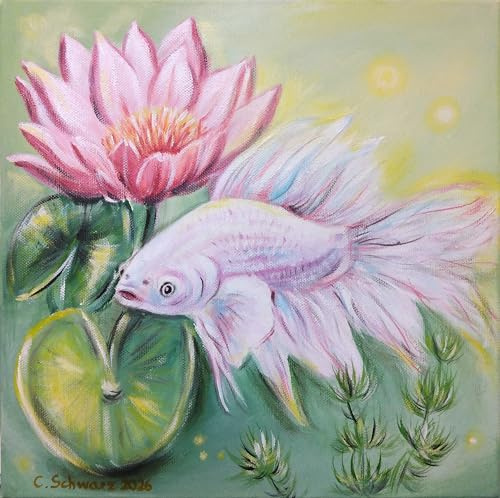 Generisch Handgemaltes Acrylbild Kampffisch weiß 30x30 cm – Original Gemälde auf Leinwand (Galeriekeilrahmen 3,5 cm) – Zen Wandbild, Fisch Wanddeko